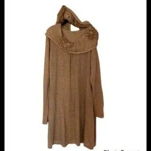 Sweater Dress Embroidered Hooded Silk Tan Brown Size M